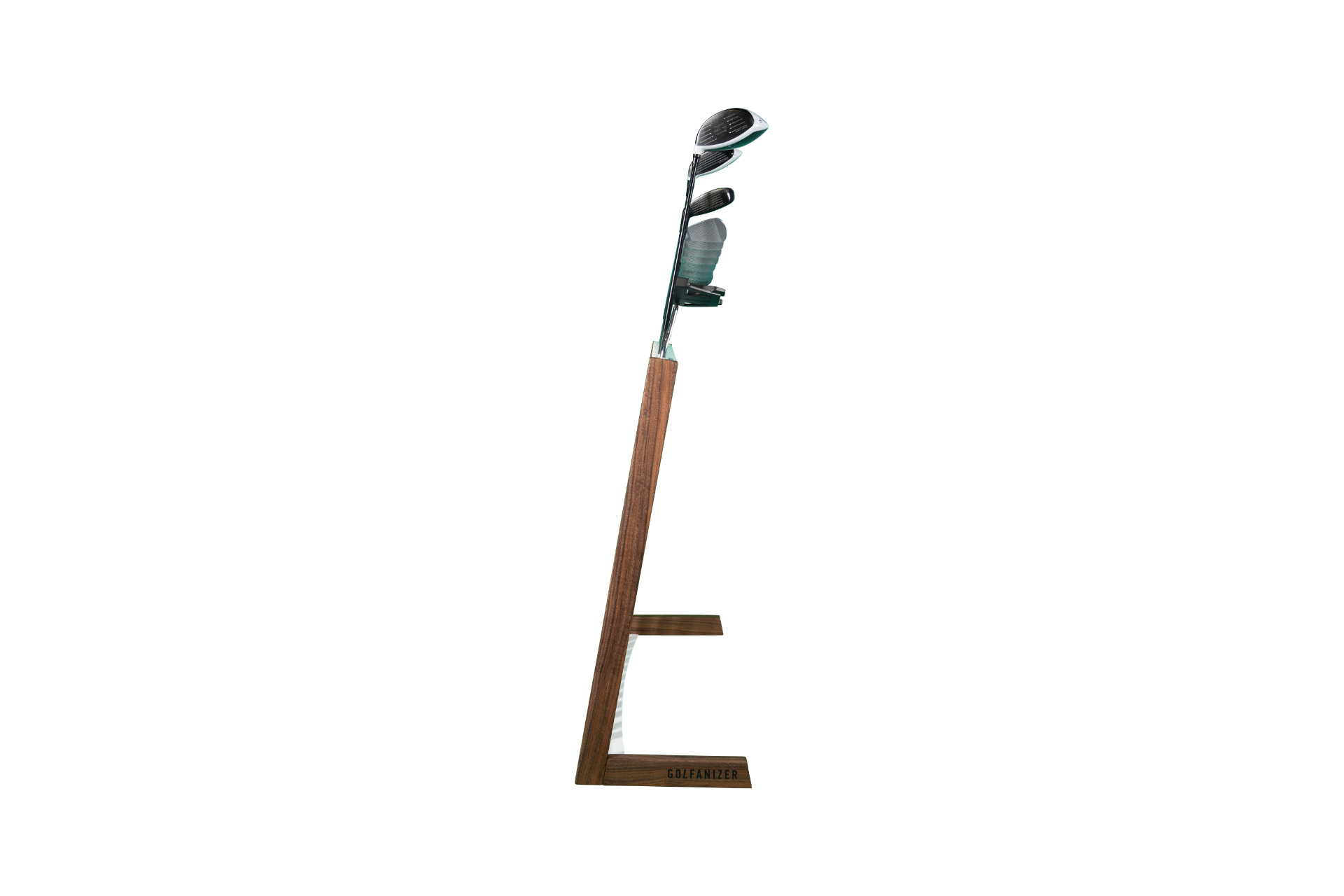Side view of the Golfanizer in walnut holding a full set of golf clubs