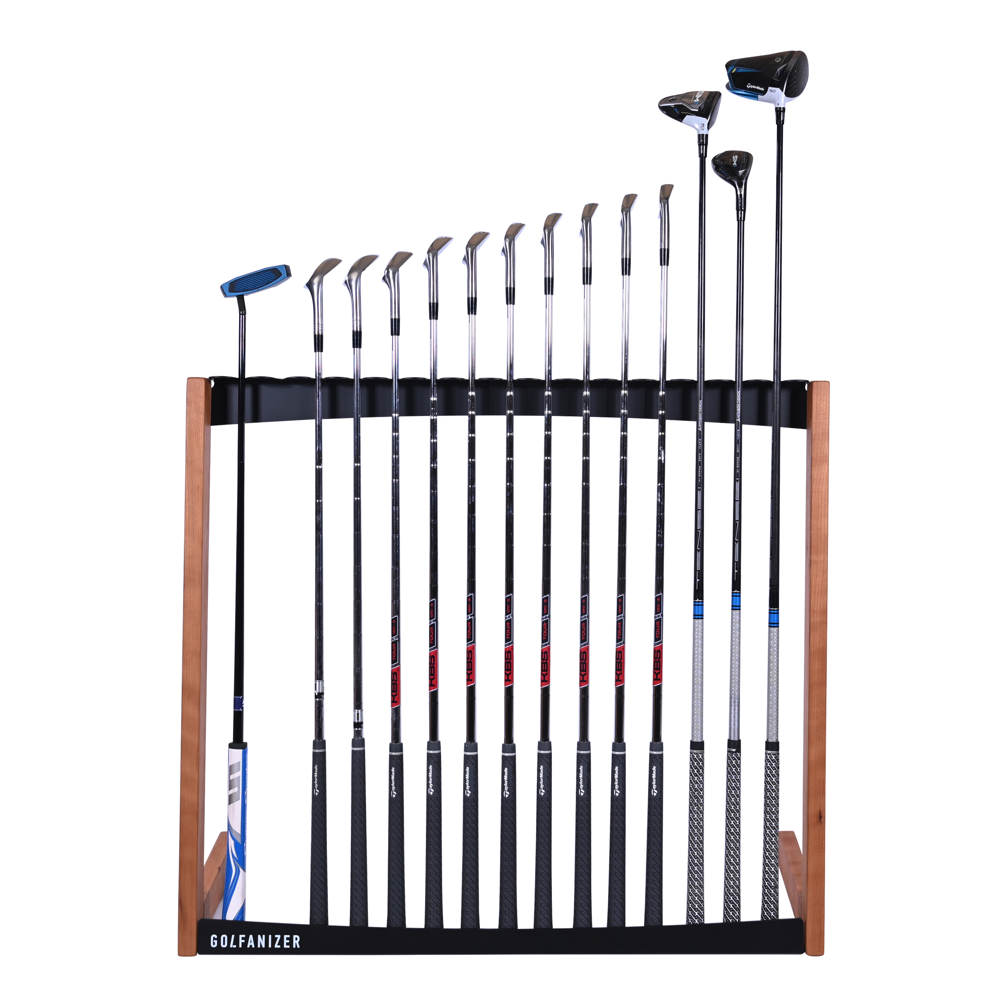 Front view of the Golfanizer in cherry and black holding a full set of golf clubs