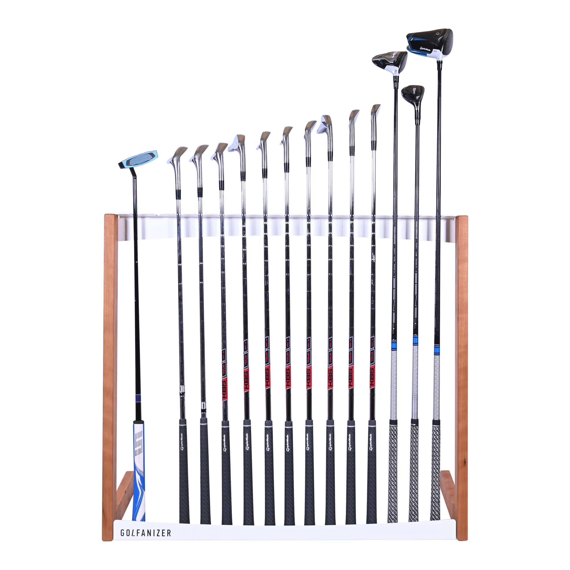 Front view of the Golfanizer in cherry and white holding a full set of golf clubs