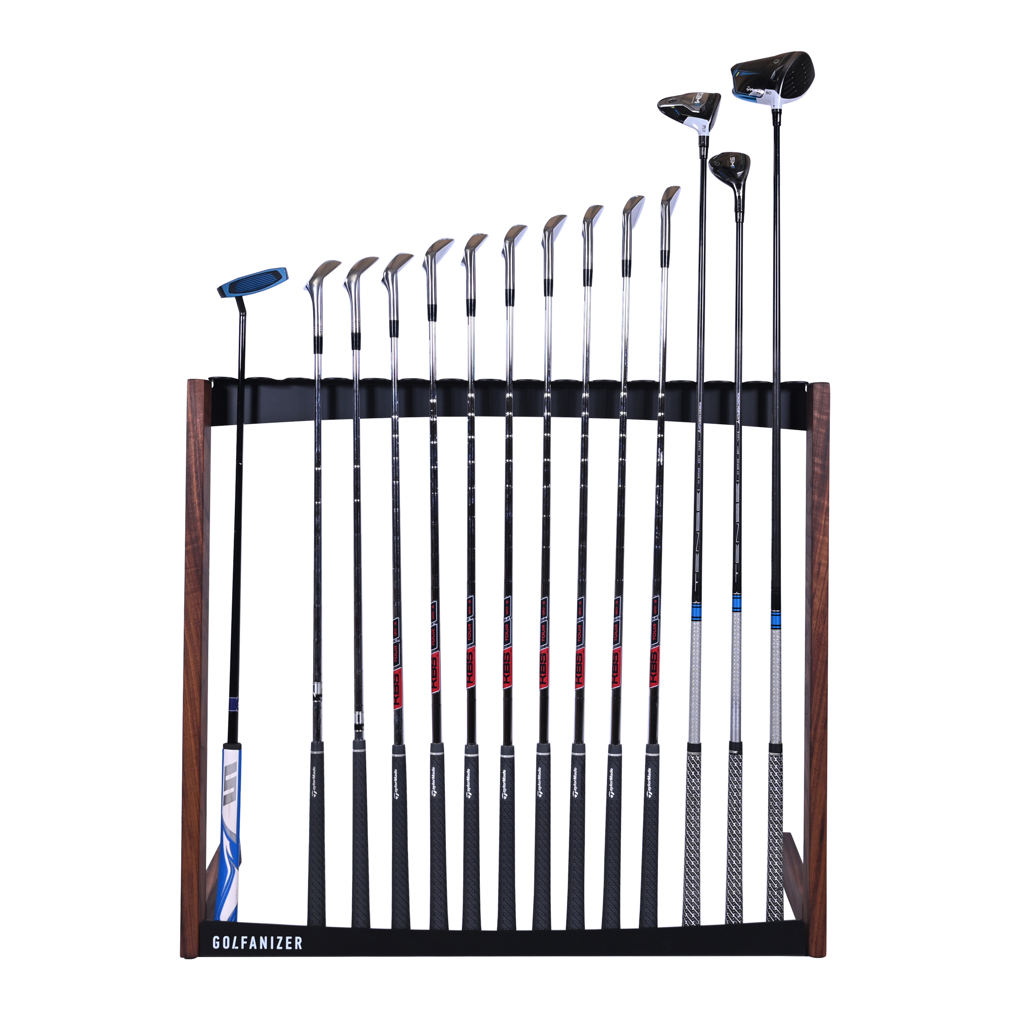 Golfanizer rack in walnut holding a full set of clubs