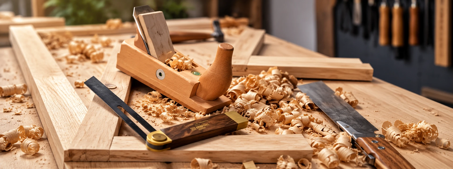 Close-up of a woodworking bench with hand planes, chisels and curled shavings