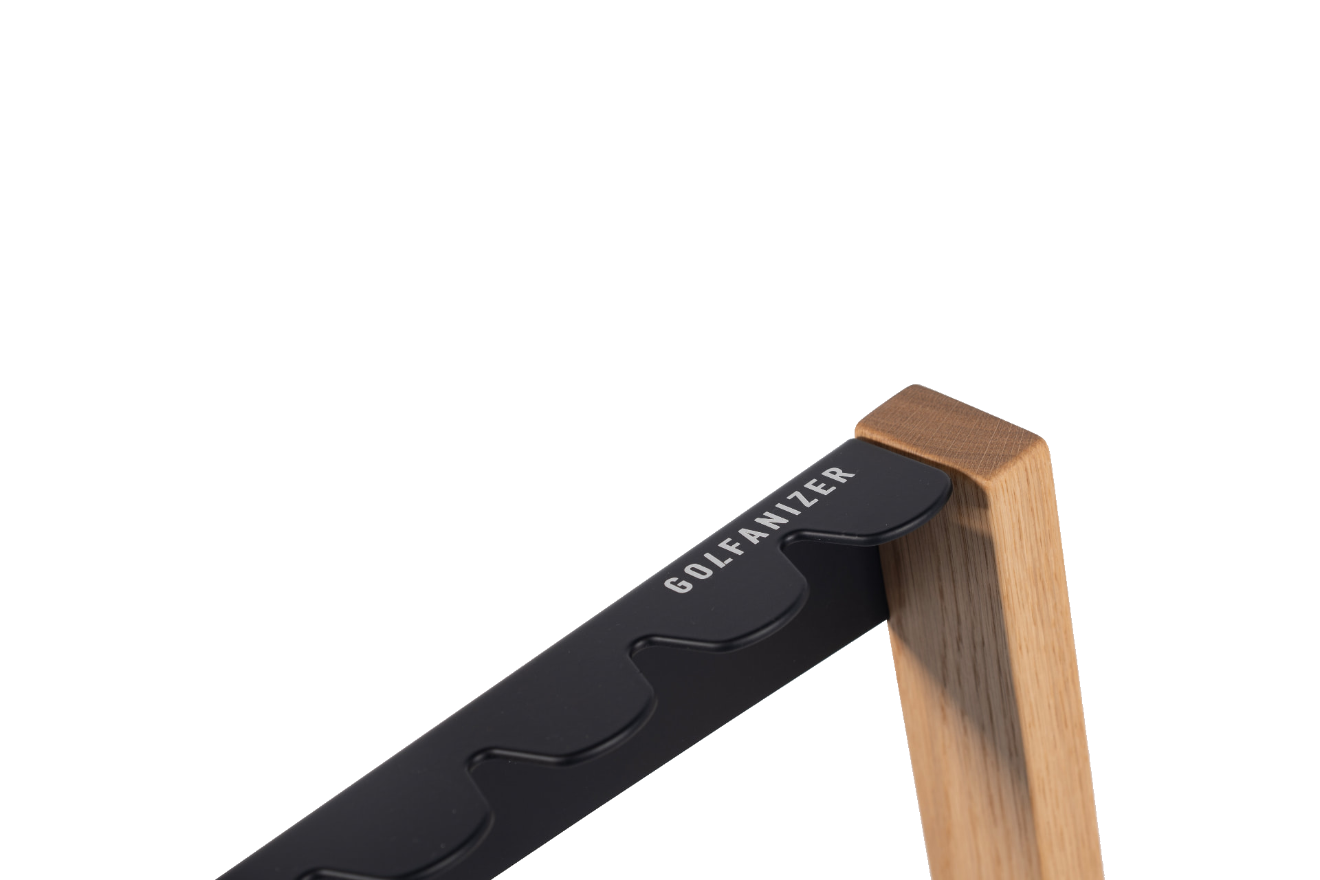 Close-up of the Golfanizer rack: soft-touch black steel club plate meeting a solid oak upright