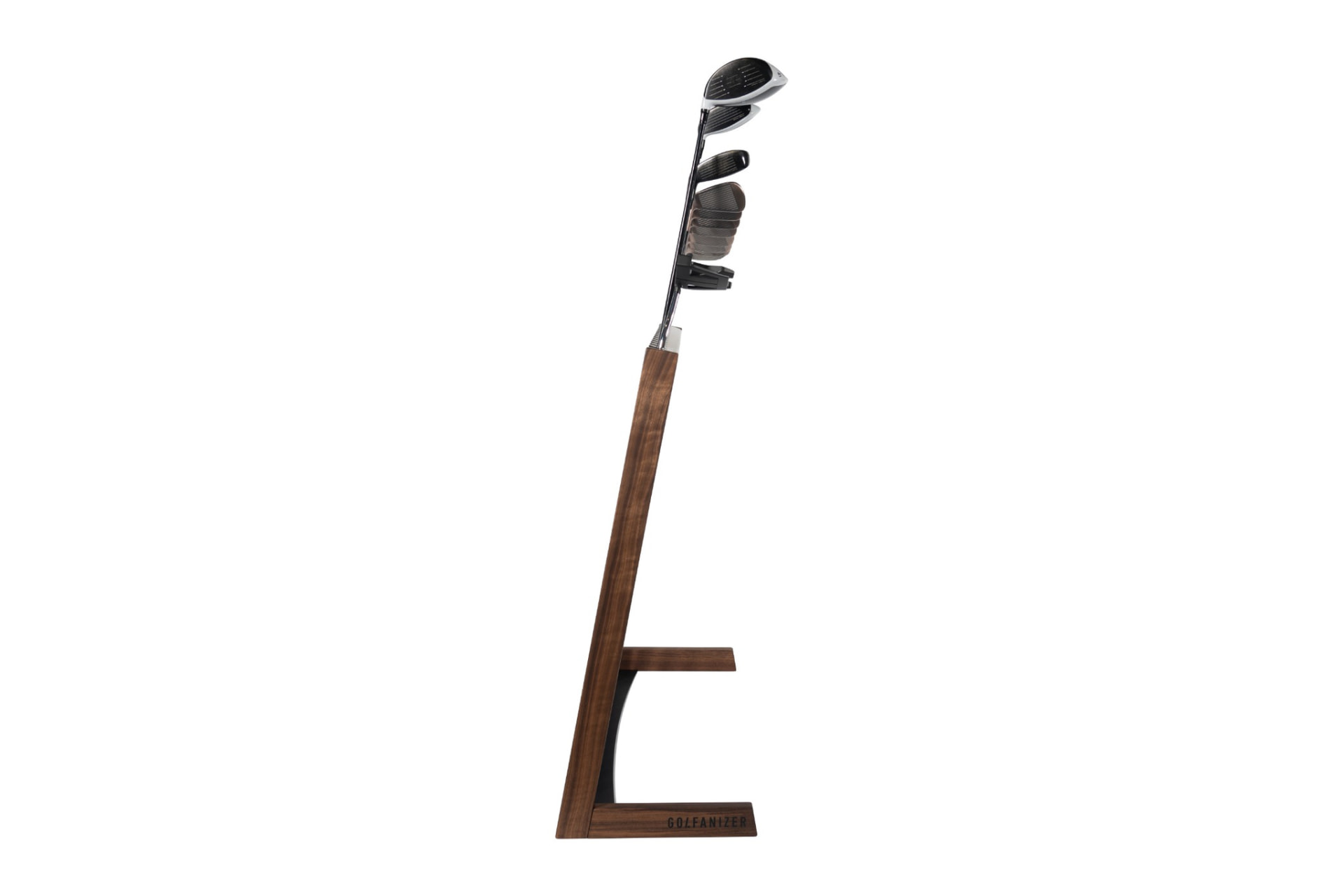 Side view of the Golfanizer in walnut holding a full set of golf clubs