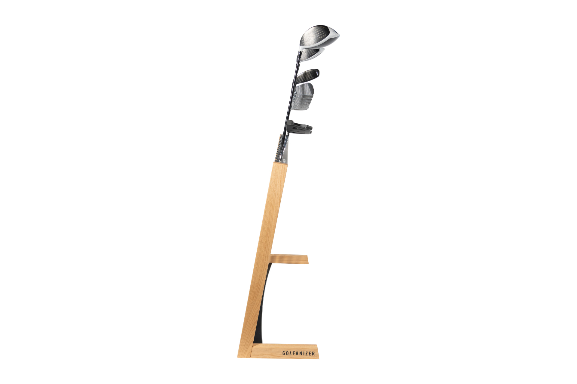 Side view of the Golfanizer in oak holding a full set of golf clubs