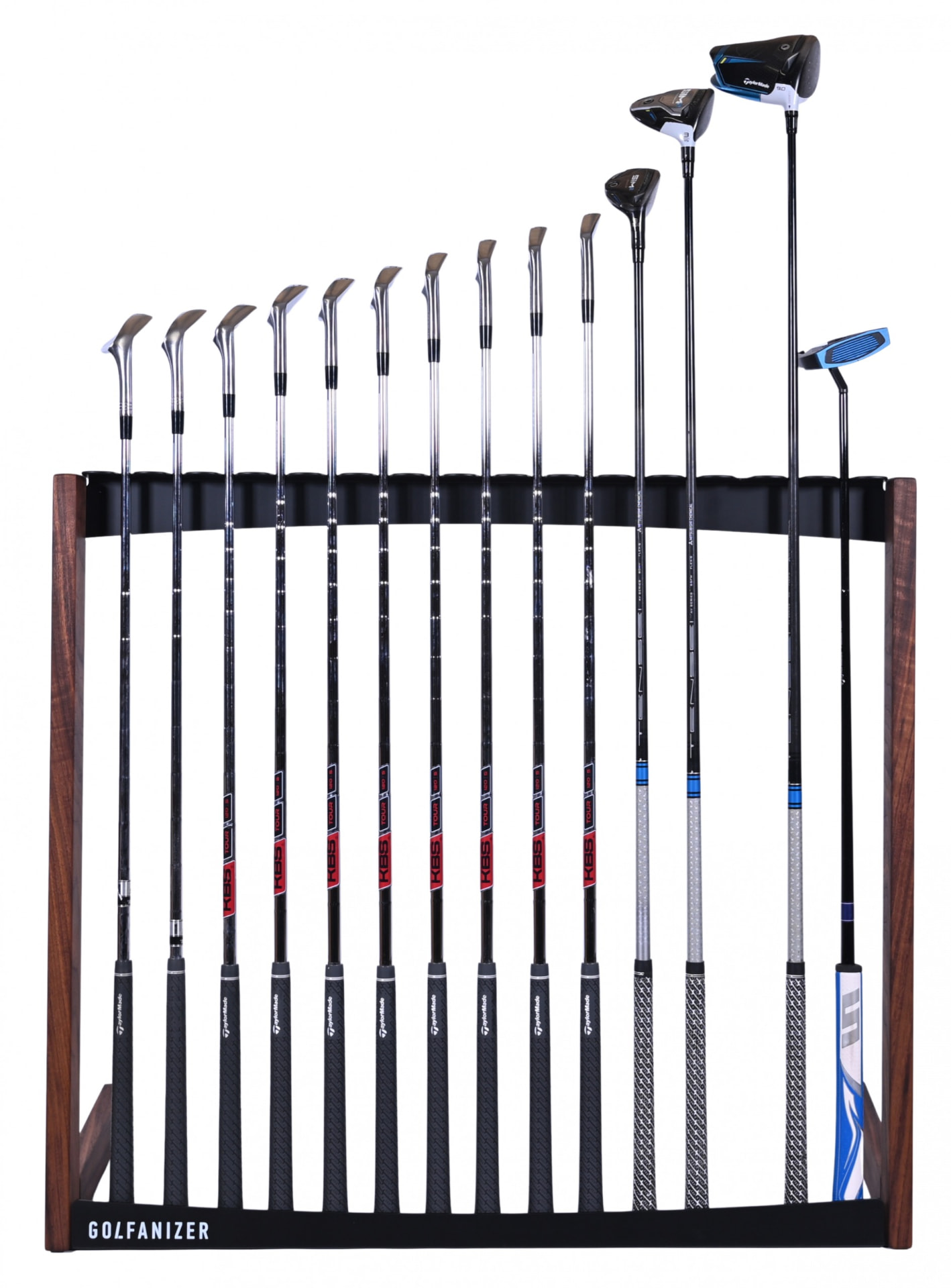 Front view of the Golfanizer in cherry and black holding a full set of golf clubs