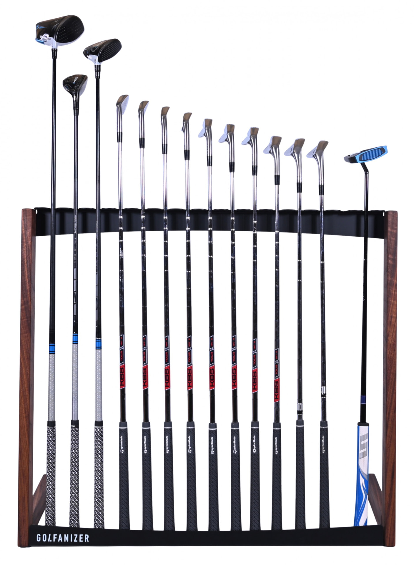 Front view of the Golfanizer in cherry and white holding a full set of golf clubs