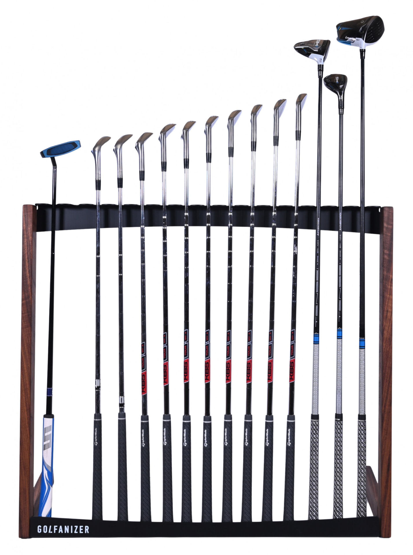 Front view of the Golfanizer in walnut and black holding a full set of golf clubs
